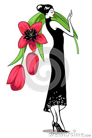 Girl with a bouquet of flowers Vector Illustration