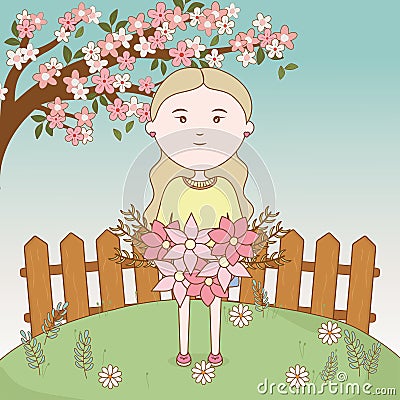 Girl bouquet flowers fence garden tree field cartoon Vector Illustration