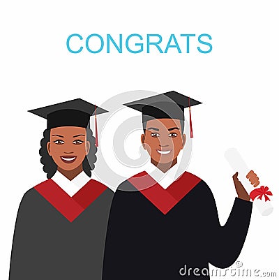 Girl and boy African-American appearance graduates in gowns Vector Illustration