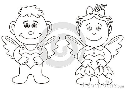 Girl and boy angels with hearts, contours Vector Illustration