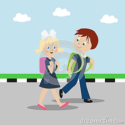 Girl and boy with backpacks or briefcases are going to school. Satisfied children Vector Illustration