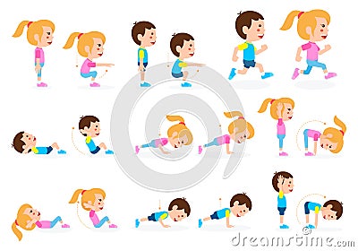 Girl and boy children fitness exercise set. Vector Illustration