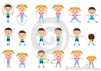 Girl and boy children fitness exercise set. Vector Illustration