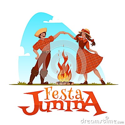 Girl and boy dancing at Brazilian Festa Junina Party. Vector illustration Vector Illustration