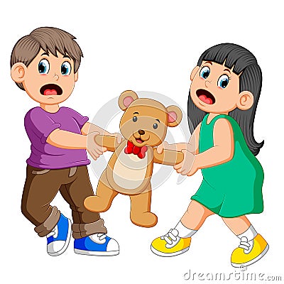 girl and boy fighting over a doll Vector Illustration