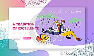 Girl and Boy Get Education in University Website Landing Page. Students with Gadget and Books Sitting on Grass Vector Illustration