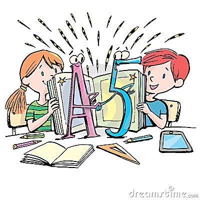 Girl and boy good students learn from books and have great success Vector Illustration