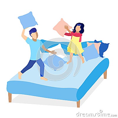 Girl and Boy Having Fun Fight with Pillows Cartoon Vector Illustration