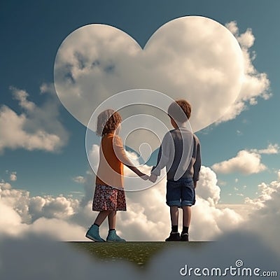 A girl and a boy hold hands against the background of the sky with clouds. Illustration. AI generative Stock Photo