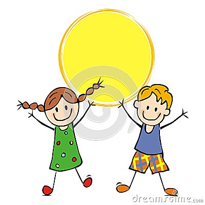 Girl and boy holding circle yellow banner, eps. Vector Illustration