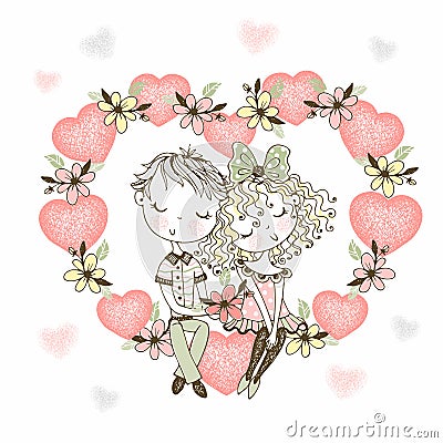 A girl and a boy in love sit in a large heart of flowers. Vector Vector Illustration
