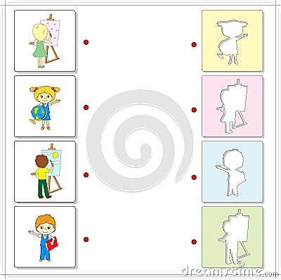 Girl and boy with paints, easel, globe and book. Educational gam Vector Illustration