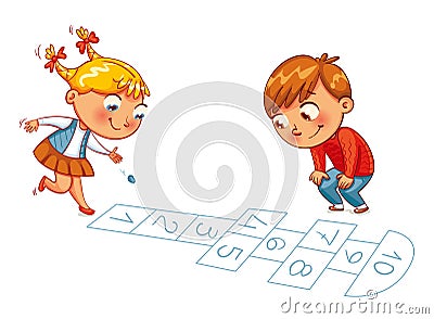 Girl and boy play in Hopscotch Vector Illustration