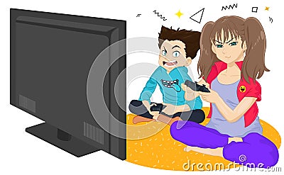 Girl and boy are playing game console and laughing while sitting on the floor. Brother and sister playing TV game. Young people re Vector Illustration