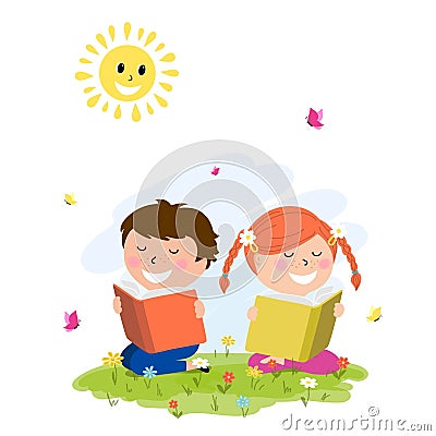 Girl and boy reading book on a flowering meadow,cartoon design Stock Photo
