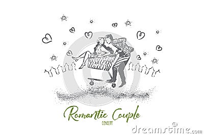 Girl and boy riding in a shopping cart, romantic date moment, beautiful evening skyscape, young people in love Vector Illustration