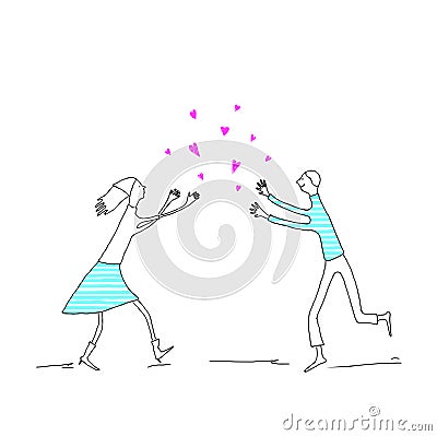 Girl and boy run towards each other, vector illustration meeting a young couple Cartoon Illustration