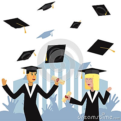 Girl and boy students in academic gown and cap received a diploma and rejoices Vector flat illustration Vector Illustration
