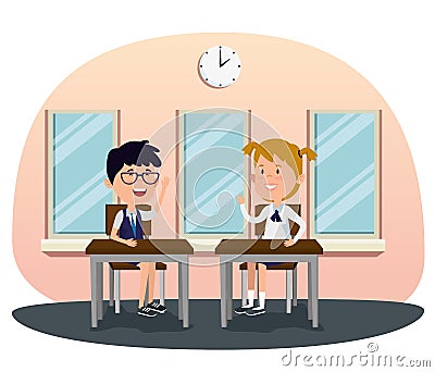 girl and boy students in the desk with uniform and clock Cartoon Illustration