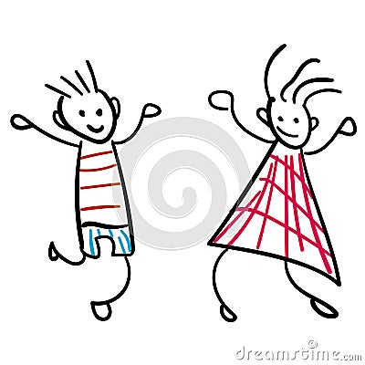 Girl and boy in the style of childrens drawings color Vector Illustration