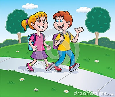 Girl and Boy Walking from School with Backpacks Cartoon Illustration