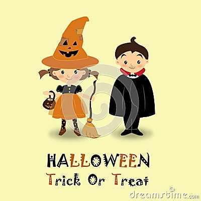 The girl and boy wearing Halloween costume on yellow background. Stock Photo