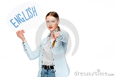 Girl with braid holding speech bubble with English lettering and pointing at camera Stock Photo