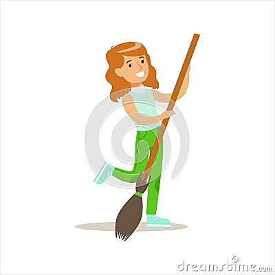 Girl With Broom Helping In Eco-Friendly Gardening Outdoors Part Of Kids And Nature Series Vector Illustration