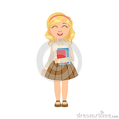 Girl In Brown Skirt Holding Books Happy Schoolkid In School Uniform Standing And Smiling Cartoon Character Vector Illustration