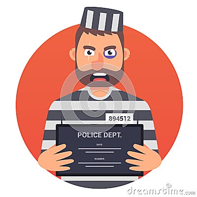 A prisoner with a sign in his hands does not look well into the camera. striped uniform. vector illustration Vector Illustration