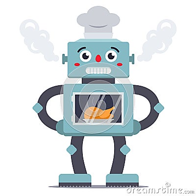 Robot cook cooks chicken in the oven. helper. Cartoon Illustration