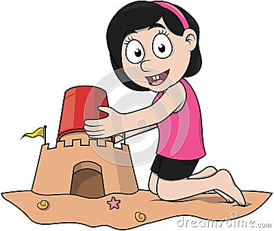 Girl Build Sand Castle Color Illustration Vector Illustration