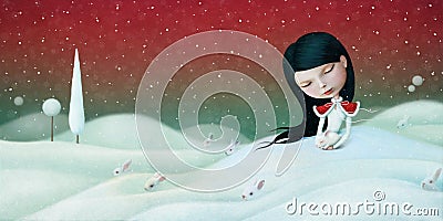 Girl and Bunny Cartoon Illustration