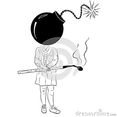 Girl burned match head.Emotional burnout, Exhausted, frustrated worker, school stress.Bomb and match.Doodle person Vector Illustration