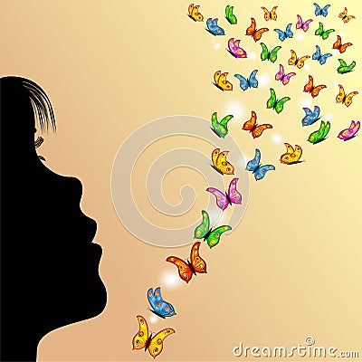 Girl,butterflies and yellow sky Stock Photo