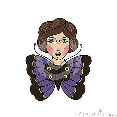 Girl butterfly illustration traditional tattoo flash Cartoon Illustration