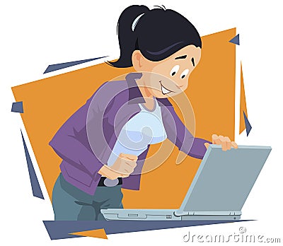 Girl buys laptop. Teenager with notebook. Illustration for internet and mobile website Vector Illustration