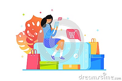 Girl buys online with smartphone, web shopping Cartoon Illustration