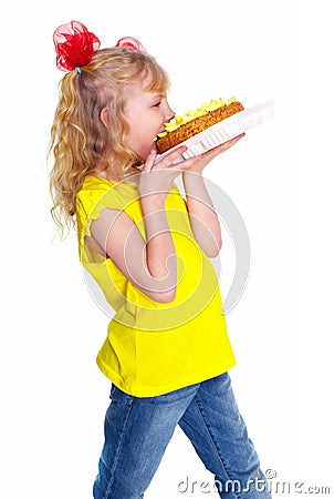 Girl with cake. Isolated on white background Stock Photo