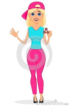 Girl in cap holding spinner. Cute cartoon character. Vector Illustration