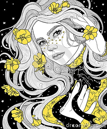 girl in a cape raincoat starry night. her hair and dress with the yellow gold flower Vector Illustration