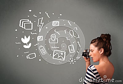 Girl capturing white photography icons Stock Photo