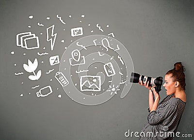 girl capturing white photography icons Stock Photo