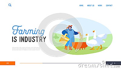 Girl Care of Birds on Poultry Farm at Summertime Landing Page Template. Young Woman Feeding Geese on Nature Vector Illustration