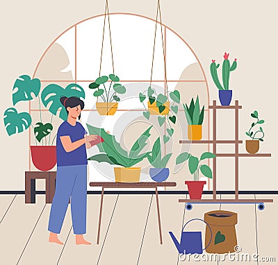 Girl cares plants. Biologist or young gardener character. Cozy home with greenery, modern hobby for teens and adults Vector Illustration