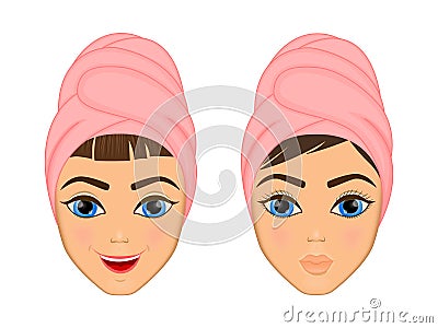 Girl cares and protects her face with various actions, facial, treatment, beauty, healthy, hygiene, lifestyle, set, in a Vector Illustration