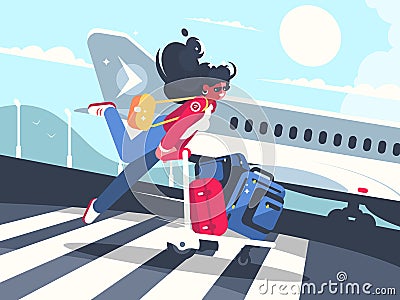 Girl carrying baggage on trolleys for flight Vector Illustration