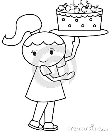 Girl carrying a cake coloring page Stock Photo