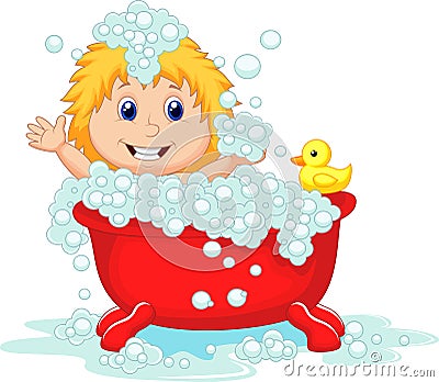 Girl cartoon bathing in the red bath tub Vector Illustration
