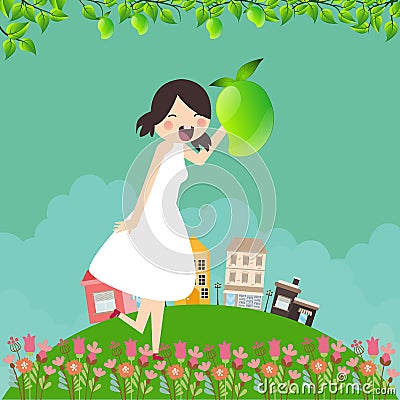Girl cartoon smile happy holding mango fruit with tree branch and leaf around in green field Vector Illustration